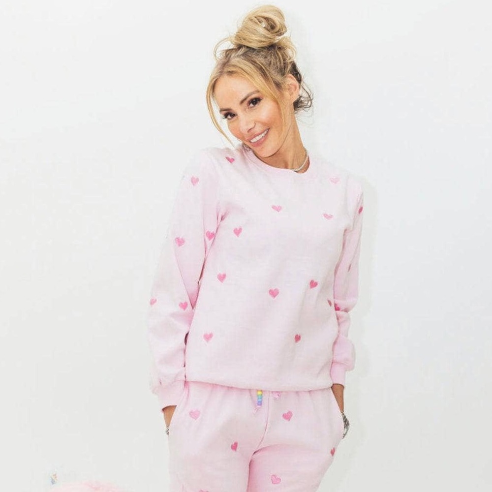 Lola + The Boys Pink Embroidered Hearts Cozy Cotton Crewneck Sweater Loungewear